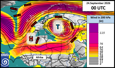 Abbildung 5: Windgeschwindigkeit in 200 hPa (Flächendarstellung in Farbe) und das 500 hPa Geopotenzial (Liniendarstellung).