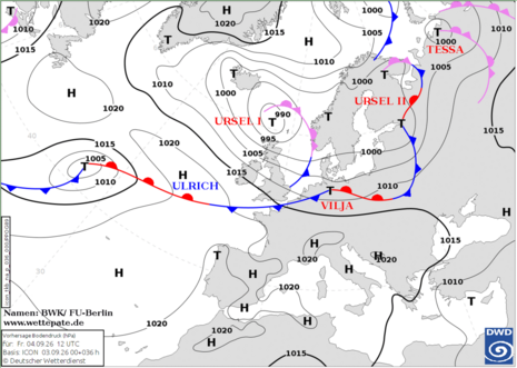 Bodenanalyse mit Fronten und Luftdruck, Freitag den 04.09.2026 12 UTC. Quelle: Deutscher Wetterdienst