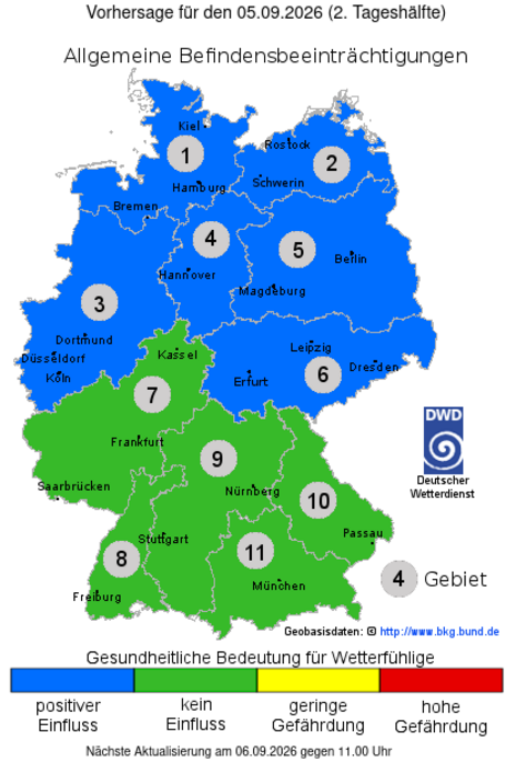 Gefahrenindizes für Wetterfühlige - Allgemeine Befindensbeeinträchtigung: Vorhersage für die 2. Tageshälfte am Samstag den 05.09.2026
