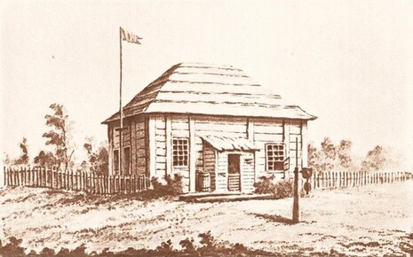 Russisches Observatorium Sitka, Zeichnung von Frederick Whymper (1838-1901), Quelle: Wendler, G., Galloway, K. & Stuefer, M. On the climate change of Sitka, Southeast Alaska, Theoretical and Applied Climatology, Volume 126, pages 27-34 (2016), über Springer Nature mit Open Access unter Creative Commons Licence