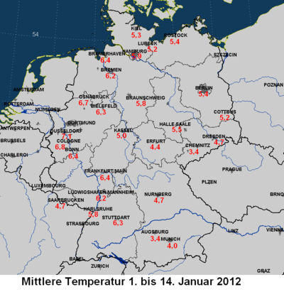 Mittlere Temperatur 1. bis 14. Januar 2012