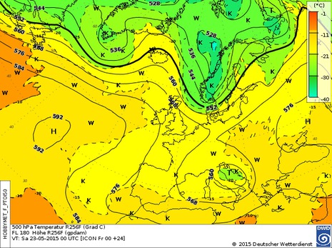 Höhenprognosekarte H+24, 500 hPa Höhe/Temperatur Europa