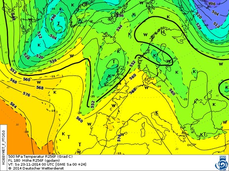 Höhenprognosekarte H+24, 500 hPa Höhe/Temperatur Europa