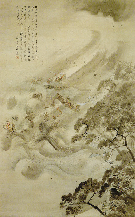 Die bei einem Taifun zerstörte mongolische Flotte, Tinte und Wasser auf Papier, von Kikuchi Y?sai, 1847