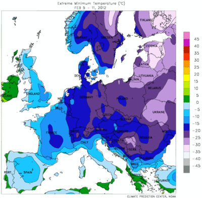 Tiefsttemperatur Europa 5. - 11. Februar 2012