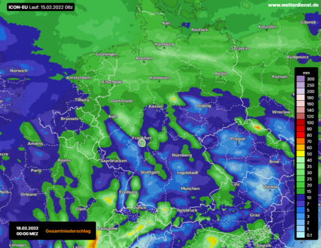 Niederschlagsmengen bis Freitag 0 Uhr, Modell: ICON-EU