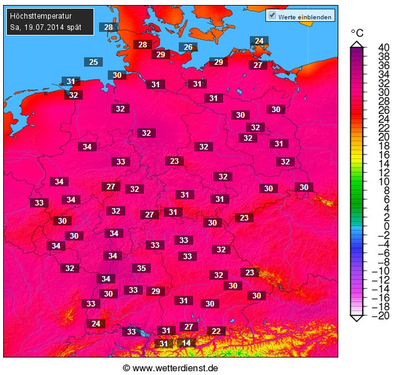 Höchsttemperaturen Samstag, 19.07.2014