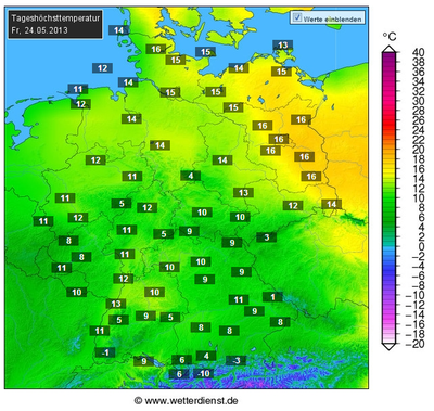 Höchsttemperaturen Freitag, 24.05.2013